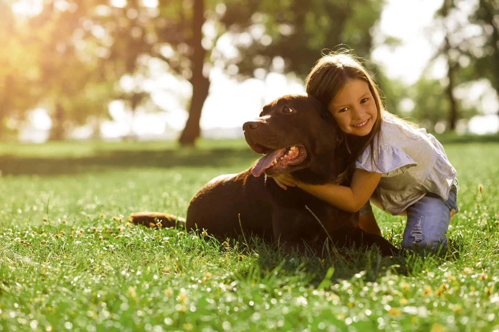 Menina abraçando o cachorro no parque