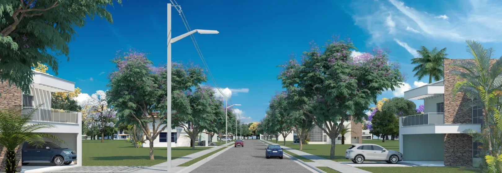Rua arborizada com casas e iluminação em LED