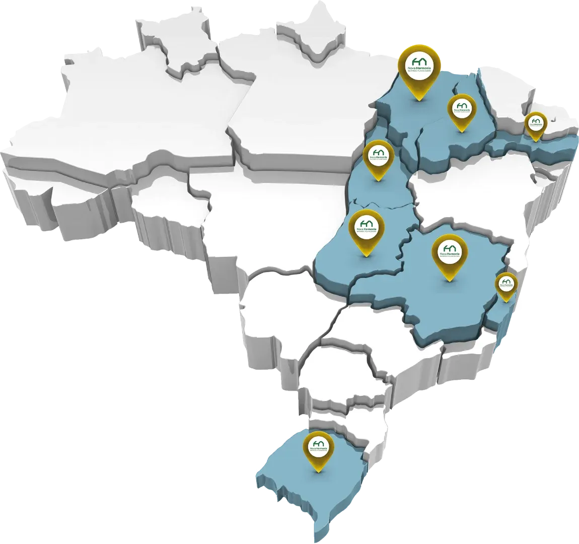 Mapa do Brasil com os estados onde a Nova Harmonia atua